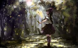 Rule 34 | 1girl, black ribbon, boots, brown eyes, brown footwear, brown hair, cellphone, checkered clothes, checkered skirt, commentary request, day, facing away, falling leaves, forest, full body, hair ribbon, hat, highres, himekaidou hatate, leaf, light rays, long hair, looking at viewer, looking back, nature, parted lips, phone, purple hat, purple ribbon, purple skirt, ribbon, shirt, short sleeves, skirt, solo, sun, sunbeam, sunlight, tokin hat, touhou, tree, twintails, ushitsuchi, walking, white shirt