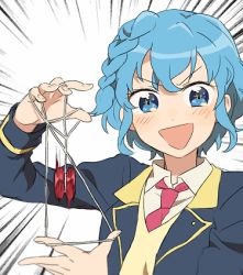 Rule 34 | &gt;:d, 1girl, :d, blue eyes, blue hair, blush, braid, collared shirt, commentary, dorothy west, doyagao, emphasis lines, looking at viewer, lowres, matching hair/eyes, meme, necktie, open mouth, pretty series, pripara, red necktie, sakuragi mochi, school uniform, shirt, short hair, smile, smug, solo, sparkling eyes, string play spider baby (meme), sweater, upper body, v-shaped eyebrows, white background, yo-yo