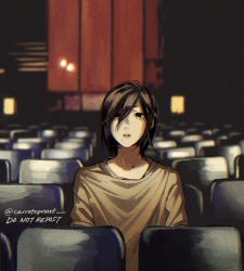Rule 34 | 1boy, androgynous, artist name, black eyes, black hair, carrotsprout, english text, expressionless, fire punch, hair between eyes, hair over one eye, highres, indoors, mole, mole under eye, mole under mouth, movie theater, open mouth, reverse trap, shirt, short hair, sitting, solo, togata (fire punch), twitter