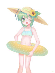 Rule 34 | 1girl, alternate costume, antennae, bikini, blue bikini, blush, breasts, brown hat, commentary request, feet out of frame, flower, green eyes, green hair, hair between eyes, hat, hat flower, innertube, kari (atsuki 565), looking at viewer, navel, one eye closed, open mouth, short hair, simple background, small breasts, smile, solo, star (symbol), sun hat, sunflower, swim ring, swimsuit, touhou, underboob, white background, wriggle nightbug