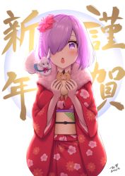 Rule 34 | 1girl, :o, alternate costume, animal, backlighting, blush, breasts, chinese zodiac, commentary request, cowboy shot, creature, fate/grand order, fate (series), floral print, flower, fou (fate), fur collar, hair flower, hair ornament, hair over one eye, highres, japanese clothes, kimono, long sleeves, looking at viewer, mash kyrielight, medium breasts, obi, open mouth, oyaji-sou, pig, print kimono, purple eyes, purple hair, red flower, red kimono, sash, short hair, signature, standing, twitter username, white background, wide sleeves, year of the pig