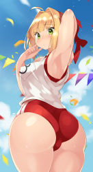 Rule 34 | 1girl, ahoge, arm up, armpits, ass, blonde hair, blue sky, blush, braid, breasts, buruma, confetti, day, fate/extra, fate/grand order, fate (series), green eyes, gym uniform, hair between eyes, hair intakes, headband, highres, hip focus, huge ass, large breasts, looking at viewer, looking back, name tag, nero claudius (fate), nero claudius (fate) (all), nero claudius (fate/extra), nero claudius (olympian bloomers) (fate), official alternate costume, red buruma, red headband, short sleeves, sia namsbinpeni, sky, solo, thick thighs, thighs