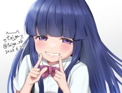 Rule 34 | 1girl, 2023, blue hair, blunt bangs, blush, bow, bowtie, close-up, collared shirt, commentary request, dated, eyelashes, finger to mouth, furude rika, grin, half-closed eyes, highres, higurashi no naku koro ni, index finger raised, lips, long hair, looking at viewer, pink bow, pink bowtie, purple eyes, shirt, short sleeves, sidelocks, signature, simple background, smile, solo, taiga sb, twitter username, very long hair, white background, white shirt