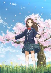 Rule 34 | 1girl, blue jacket, blue skirt, blue sky, blush stickers, bow, bowtie, brown eyes, brown hair, checkered clothes, checkered skirt, cherry blossoms, cloud, commentary request, day, dot nose, field, flower, flower field, jacket, long hair, long sleeves, looking away, looking to the side, original, outdoors, outstretched arms, petals, red bow, red bowtie, school uniform, skirt, sky, smile, socks, solo, spread arms, standing, tree, umiroku, white socks