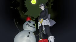 Rule 34 | 1girl, back bow, black eyes, black jacket, black pantyhose, boots, bow, bowtie, dirty, dirty clothes, earmuffs, feet out of frame, foliage, from below, full moon, gloves, green sky, grey bow, grey bowtie, grey gloves, grey hair, hand on hilt, highres, jacket, long hair, long sleeves, looking at viewer, looking down, mi8pq, moon, night, outdoors, own hands together, pantyhose, parted lips, planted, planted shovel, pleated skirt, sekka yufu, shovel, skirt, snow shovel, snowman, solo, soot, standing, utau, very long hair, white footwear, white skirt