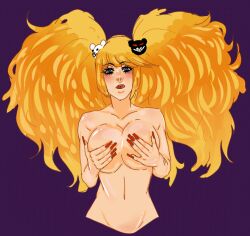 Rule 34 | 1girl, bear hair ornament, blonde hair, blush, breasts, cleavage, collarbone, danganronpa: trigger happy havoc, danganronpa (series), enoshima junko, eyebrows, eyelashes, fake nails, female focus, fingernails, girlgirl, hair ornament, hands over breasts, large breasts, long fingernails, long hair, looking at viewer, navel, nude, open mouth, purple background, red nails, shiny skin, simple background, solo, tongue, topless, upper body
