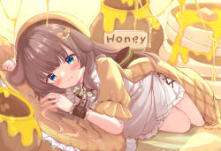 1girl animal_ears blue_eyes blush bow brown_hair butter commentary_request dog_ears dress food hat honey indie_virtual_youtuber jar kanti15 long_hair lying official_art on_side pancake pancake_stack smile solo tsukidate_ruchika virtual_youtuber yellow_dress yellow_hat