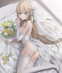 Rule 34 | 1girl, bare shoulders, black choker, blonde hair, bouquet, breasts, bridal gauntlets, choker, closed mouth, dress, earrings, flower, garter straps, green eyes, hair ribbon, high heels, highres, jewelry, leaf, long hair, looking at viewer, lying, medium breasts, on side, original, quarter 1404, ribbon, sidelocks, solo, thighhighs, thighs, veil, very long hair, white dress, white flower, white footwear, white ribbon, white thighhighs, yellow flower