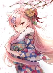 Rule 34 | 1girl, animal ears, blush, bow, braid, breasts, cat ears, girls&#039; frontline, hair between eyes, hair bow, hair ornament, hair ribbon, hairclip, hexagram, holding tail, japanese clothes, kimono, long hair, looking at viewer, melings (aot2846), negev (girls&#039; frontline), obi, one side up, pink hair, red bow, red eyes, ribbon, sash, smile, solo, star of david, tail, wide sleeves