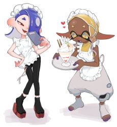 Rule 34 | 2girls, apron, asymmetrical hair, baggy pants, black pants, black socks, blonde hair, blue hair, colored skin, colored tongue, commentary, cross-shaped pupils, dark-skinned male, dark skin, earrings, eyelashes, fang, food, forehead, frilled apron, frills, frye (splatoon), gradient hair, grey pants, grey socks, hair over one eye, hand on own hip, hands up, heart, highres, holding, holding menu, holding tray, inkling, jewelry, long hair, maid apron, maid headdress, menu, multicolored hair, multicolored skin, multiple earrings, multiple girls, nintendo, octoling, okobo, one eye covered, open mouth, pants, parfait, parted bangs, pointy ears, purple hair, purple skin, purple tongue, red eyes, sandals, shirt, shiver (splatoon), short eyebrows, simple background, sleeveless, sleeveless shirt, sleeveless turtleneck, smile, socks, splatoon (series), splatoon 3, suction cups, symbol-only commentary, symbol-shaped pupils, tabi, teeth, tentacle hair, toeless legwear, toes, tooth earrings, torn clothes, torn pants, tray, tsurime, turtleneck, utsuho no tami, wafer stick, whipped cream, white apron, white background, white hair, yellow eyes, yellow shirt