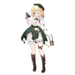 Rule 34 | 1girl, arms up, binoculars, blonde hair, bloomers, blue eyes, blush, bob cut, boots, brown footwear, brown socks, clenched hand, colored shoe soles, crack, cracked glass, full body, girls&#039; frontline, green hat, green ribbon, green skirt, gun, handgun, hat, hat ribbon, holding, holding gun, holding weapon, holster, long sleeves, looking at viewer, monocle, monocle chain, neck ribbon, official art, one eye closed, open mouth, p99 (girls&#039; frontline), puffy long sleeves, puffy sleeves, ribbon, ribbon-trimmed bloomers, ribbon trim, semi-rimless eyewear, shirt, short hair, simple background, skirt, socks, solo, standing, tears, teeth, thigh holster, torn clothes, torn shirt, torn skirt, torn socks, torn straps, transparent background, trigger discipline, underwear, upper teeth only, walther, walther p99, weapon, white bloomers, white shirt, zhenming