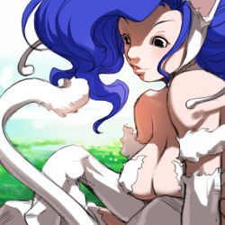 Rule 34 | 1girl, animal ears, animal hands, big hair, blue hair, body fur, breasts, capcom, cat ears, cat tail, falcoon, felicia (vampire), large breasts, lips, long hair, nose, nude, solo, tail, vampire (game)