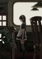 Rule 34 | 1girl, absurdres, ankle boots, apron, belt boots, black dress, black eyes, black hair, boots, closed mouth, dress, from side, gishiki (gshk), highres, long hair, looking down, maid, maid apron, maid headdress, original, plant, potted plant, profile, puffy short sleeves, puffy sleeves, short sleeves, solo, standing, striped clothes, striped thighhighs, thighhighs, white apron, wrist cuffs