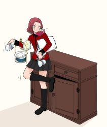 Rule 34 | 10s, 1girl, black footwear, boots, box, brown eyes, cabinet, carrying, carrying under arm, closing door, cup, girls und panzer, highres, jacket, kani aruki (bucket crawl), knee boots, leg up, military, military uniform, napkin, parted bangs, plate, pleated skirt, red hair, rosehip (girls und panzer), short hair, skirt, smile, solo, tea set, tea stalk, teacup, teapot, teaspoon, tray, uniform