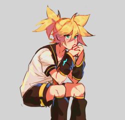 Rule 34 | 1boy, aqua eyes, bad id, bad twitter id, black collar, black legwear, black shorts, black sleeves, blonde hair, collar, commentary, detached sleeves, ei flow, english commentary, expressionless, feet out of frame, grey background, highres, invisible chair, kagamine len, leaning forward, leg warmers, male focus, neckerchief, necktie, own hands together, ponytail, sailor collar, school uniform, shirt, short hair, short sleeves, shorts, sitting, spiked hair, thinking, vocaloid, white shirt, yellow neckwear