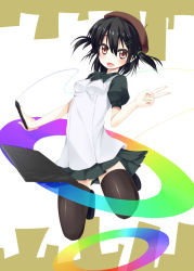 Rule 34 | 1girl, :d, black hair, black thighhighs, casual, drawing tablet, east01 06, hat, holding, jumping, looking at viewer, open mouth, original, pen, pleated skirt, red eyes, skirt, smile, solo, thighhighs, two side up, v, zettai ryouiki