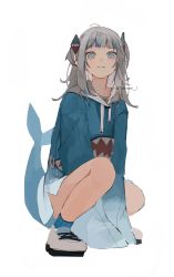 Rule 34 | 1girl, ahoge, blue eyes, blue hair, blue hoodie, blue socks, blunt bangs, closed mouth, commentary request, fins, fish tail, full body, gawr gura, gawr gura (1st costume), grey hair, hair ornament, hands on ground, highres, hololive, hololive english, hood, hood down, hoodie, long hair, long sleeves, looking at viewer, multicolored hair, shark hair ornament, shark tail, shoes, sleeves past fingers, sleeves past wrists, socks, solo, squatting, tail, twitter username, two side up, virtual youtuber, white footwear, za (user hrdd3775)