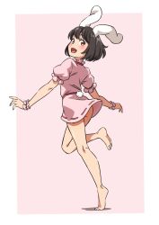 Rule 34 | 1girl, :d, absurdres, animal ears, ass, bare legs, barefoot, black hair, blush, dress, full body, gyouza (mhea5724), highres, inaba tewi, looking back, open mouth, pink dress, rabbit ears, rabbit tail, red eyes, short hair, simple background, smile, solo, tail, tiptoes, touhou, wrist cuffs