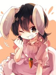 Rule 34 | +++, 1girl, ;d, animal ears, black eyes, black hair, blush stickers, carrot necklace, dress, grin, inaba tewi, laughing, looking at viewer, necklace, nikorashi-ka, one eye closed, open mouth, pink dress, puffy short sleeves, puffy sleeves, rabbit ears, short hair, short sleeves, smile, solo, tears, touhou