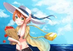 Rule 34 | 10s, 1girl, absurdres, bad id, bad pixiv id, bag, beach, bikini, blush, breasts, cleavage, cloud, day, gradient background, green eyes, groin, handbag, hat, highres, holding, holding clothes, holding hat, hoshizora rin, love live!, love live! school idol festival, love live! school idol project, ocean, open clothes, open shirt, outdoors, red hair, shirt, sky, small breasts, smile, solo, swimsuit, umeno (shio1205), unbuttoned, unzipped, water