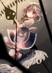 Rule 34 | 1girl, absurdres, apron, ascot, back bow, blue skirt, blue vest, bow, cleaning, closed mouth, frilled apron, frilled skirt, frills, from side, green ascot, grey hair, highres, holding, holding mop, ijen (ljenejl), izayoi sakuya, looking at viewer, looking to the side, maid, maid headdress, medium hair, mop, puffy short sleeves, puffy sleeves, red eyes, shirt, short sleeves, skirt, skirt set, socks, solo, thigh strap, touhou, vest, waist apron, white apron, white bow, white shirt, white socks