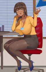 Rule 34 | 1girl, absurdres, black pantyhose, black skirt, blue footwear, blush, breast rest, breasts, brown hair, chair, commentary request, dark-skinned female, dark skin, fang, glaze artifacts, hai ookami, high heels, highres, huge breasts, id card, long hair, long sleeves, office, office chair, office lady, on chair, original, pantyhose, reaching, sidelocks, sitting, skirt, smile, solo, swivel chair, table, thighs, v-neck, window, window blinds, yellow eyes