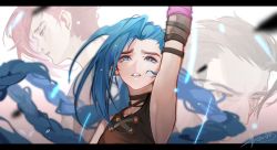 Rule 34 | 1boy, 2girls, arcane: league of legends, arcane jinx, arcane vi, arm up, armpits, asymmetrical bangs, bare shoulders, blue eyes, blue hair, blurry, blurry background, braid, brown choker, character name, choker, collarbone, commentary request, jinx (league of legends), league of legends, letterboxed, long hair, looking up, multiple girls, nose piercing, parted lips, piercing, scar, scar across eye, scar on face, shan tong tong, short hair, siblings, signature, silco (arcane), sisters, solo focus, squinting, tears, teeth, twin braids, very long hair, vi (league of legends)