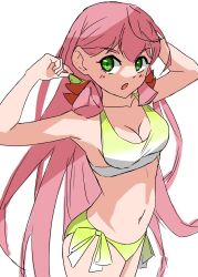 Rule 34 | 1girl, akashi (kancolle), bikini, blunt tresses, breasts, commentary request, gradient bikini, green eyes, hair ribbon, hamukiyo, highres, kantai collection, long hair, looking at viewer, medium breasts, official alternate costume, pink hair, ribbon, side-tie bikini bottom, simple background, smile, solo, standing, swimsuit, tress ribbon, white background