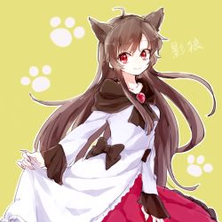 Rule 34 | 1girl, animal ears, brown hair, dress, fang, green background, honotai, image sample, imaizumi kagerou, layered dress, long hair, long sleeves, looking at viewer, paw print, red eyes, ribbon, smile, solo, touhou, wide sleeves, wolf ears