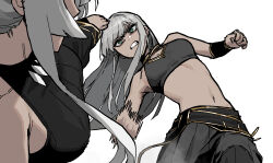 Rule 34 | 2girls, bare shoulders, breasts, clenched hands, feet, fighting, gogalking, gold trim, green eyes, grey hair, high kick, kicking, leaning to the side, long bangs, lou (gogalking), medium breasts, midriff, motion blur, multiple girls, navel, original, shagal (gogalking), shiny skin, siblings, sideboob, sisters, tan, toned, uppercut, veins, veiny neck, white background, worried