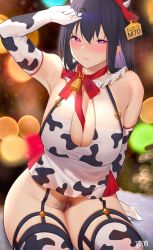 Rule 34 | 1girl, animal print, arm support, arm up, bare hips, bell, black hair, blush, breasts, cleavage, cleavage cutout, clothing cutout, colored inner hair, commentary request, cow girl, cow horns, cow print, dress, ear tag, elbow gloves, female pubic hair, gloves, highres, horns, huge breasts, karinto yamada, legs together, long hair, looking at viewer, multicolored hair, neck bell, neck ribbon, original, print gloves, print thighhighs, pubic hair, purple eyes, purple hair, red ribbon, ribbon, short dress, sitting, solo, thighhighs, thighs, two-tone hair