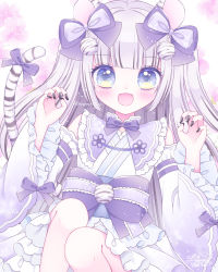 Rule 34 | 1girl, :d, animal ears, black nails, blue eyes, bow, claw pose, commentary request, detached sleeves, ear bow, fangs, feet out of frame, grey hair, hands up, highres, himetsuki luna, japanese clothes, kimono, knees up, lolita fashion, long sleeves, looking at viewer, nail polish, obi, open mouth, original, purple bow, purple sleeves, sash, signature, sleeveless, sleeveless kimono, smile, solo, tail, tiger ears, tiger girl, tiger tail, wa lolita, white sleeves, wide sleeves