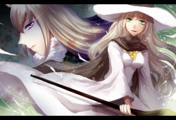 Rule 34 | 2girls, animal ears, brown cape, cape, hat, long hair, looking at viewer, miracera master of the magic institute, multiple girls, pixiv fantasia, pixiv fantasia last saga, purple eyes, quintica chief of the polar night, robe, sae (091688), sideways glance, staff, standing, white headwear, white robe, wizard hat