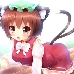 Rule 34 | 1girl, all fours, animal ears, blush, bow, breasts, brown eyes, brown hair, cat ears, cat tail, chen, dress, ear piercing, earrings, fang, hat, highres, jewelry, kane-neko, long sleeves, mob cap, multiple tails, nekomata, open mouth, piercing, red dress, shirt, single earring, solo, tail, touhou