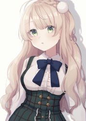 Rule 34 | 1girl, absurdres, blue bow, blue bowtie, bow, bowtie, breasts, center frills, collared shirt, cowboy shot, dress, frills, green dress, green eyes, hair ornament, highres, indie virtual youtuber, large breasts, light brown hair, long hair, long sleeves, one side up, open mouth, pinafore dress, pom pom (clothes), pom pom hair ornament, roku 6, shadow, shigure ui (vtuber) (casual), shigure ui (vtuber), shirt, sidelocks, simple background, sleeveless, sleeveless dress, solo, virtual youtuber, white background, white shirt