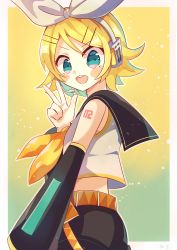 Rule 34 | 1girl, absurdres, aqua eyes, ascot, bare shoulders, black sailor collar, black shorts, blonde hair, blush stickers, bow, commentary, crop top, detached sleeves, hair bow, hair ornament, hairclip, headphones, headset, highres, kagamine rin, leg warmers, looking at viewer, midriff, neckerchief, number tattoo, open mouth, sailor collar, sailor shirt, shirt, shorts, shoulder tattoo, sleeveless, sleeveless shirt, smile, solo, swept bangs, tattoo, tomomasa (coralsea23), vocaloid, w, white bow, yellow ascot, yellow neckerchief