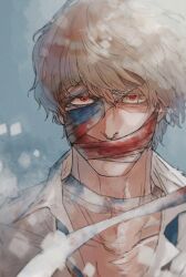 Rule 34 | 1boy, bags under eyes, bandaged head, bandages, blood, bloody bandages, blue background, collarbone, collared shirt, covered mouth, donquixote rocinante, grey hair, highres, looking at viewer, male focus, one piece, red eyes, shirt, short hair, solo, sub 45, white shirt
