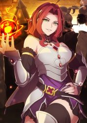 Rule 34 | 1girl, armor, bare shoulders, green eyes, hand on own hip, hand up, looking at viewer, magic, malty s melromarc, non-web source, parted lips, red hair, smile, solo, tate no yuusha no nariagari