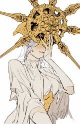 Rule 34 | 1boy, absurdres, breasts, covered eyes, crossdressing, dark souls (series), dark souls i, dark sun gwyndolin, detached sleeves, dress, gold headwear, grey dress, grey hair, grey sleeves, hand on own face, hand up, highres, large breasts, male focus, male with breasts, short hair, simple background, solo, spiked helmet, trap, upper body, veil, white background, zunkome