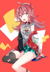 Rule 34 | 1girl, ahoge, belt, clothes pull, commentary request, hair ribbon, highres, idolmaster, idolmaster shiny colors, jacket, jacket pull, komiya kaho, long hair, looking at viewer, open mouth, pink eyes, pink hair, red belt, ribbon, short sleeves, shorts, simple background, single thighhigh, sitting, socks, solo, thighhighs