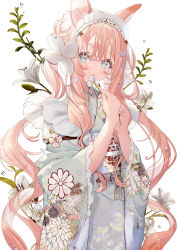 Rule 34 | 00nanona, 1girl, absurdres, animal ears, blue flower, blush, commentary, commission, floral print, flower, forehead, frilled sleeves, frills, green eyes, green kimono, hair flower, hair ornament, hand up, highres, holding, holding flower, japanese clothes, kimono, long bangs, long hair, long sleeves, looking at viewer, maid headdress, nail polish, obi, original, parted lips, pink hair, plant, rabbit ears, rabbit girl, sash, simple background, skeb commission, solo, standing, very long hair, water drop, wavy hair, white background, white flower, wide sleeves