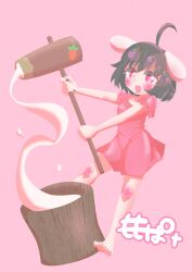 Rule 34 | 1girl, 2023, ahoge, animal ears, barefoot, black nails, blush, body blush, breasts, brown hair, chinese zodiac, commentary request, dress, food, frilled sleeves, frills, full body, inaba tewi, kine, looking at viewer, mallet, mochi, mochi trail, mochitsuki, momopato (rplpn), nail polish, open mouth, pink background, pink dress, rabbit ears, rabbit girl, rabbit tail, red eyes, short dress, short hair, simple background, small breasts, solo, tail, toenail polish, toenails, toes, touhou, year of the rabbit