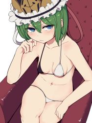 Rule 34 | 1girl, arm rest, bikini, black bikini, blue eyes, blush, breasts, chair, cleavage, closed mouth, collarbone, commentary request, crossed legs, from above, green hair, hair between eyes, hat, highres, marsen, medium breasts, navel, scowl, shiki eiki, short hair, simple background, sitting, solo, swimsuit, thighs, touhou, v-shaped eyebrows, white background, white bikini