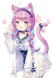 Rule 34 | 1girl, ahoge, alternate costume, alternate hairstyle, anchor symbol, animal ear fluff, animal ears, bad id, bad pixiv id, blue hair, blue nails, blush, braid, breasts, cat ears, cat girl, cat tail, choker, collarbone, commentary request, cowboy shot, frills, hair ornament, hair ribbon, hairband, hand up, highres, hololive, long hair, long sleeves, looking at viewer, minato aqua, minato aqua (sailor), multicolored hair, nail polish, neck ribbon, open clothes, open mouth, purple eyes, purple hair, ribbon, shiro albino, sleeves past wrists, smile, solo, tail, tail ornament, tail raised, tail ribbon, twin braids, twintails, two-tone hair, virtual youtuber, white legwear