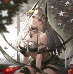 Rule 34 | 1girl, apple, arknights, armlet, backlighting, bare shoulders, bikini, black bikini, black ribbon, candle, collar, collarbone, food, fruit, highres, horns, infection monitor (arknights), jewelry, leaning forward, long hair, material growth, milluun, mudrock (arknights), mudrock (silent night) (arknights), necklace, official alternate costume, oripathy lesion (arknights), parted lips, pointy ears, red eyes, ribbon, silver hair, sitting, solo, swimsuit, very long hair