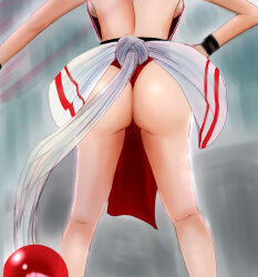 Rule 34 | 1girl, artist request, ass, ass focus, bare back, breasts, fatal fury, from behind, hand on own hip, head out of frame, highres, large breasts, legs, lower body, pelvic curtain, shiranui mai, sideboob, snk, snk heroines: tag team frenzy, solo, the king of fighters, thigh gap, thighs, thong, view between legs