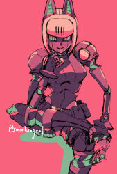 Rule 34 | 1girl, android, barefoot, bob cut, cat girl, claws, facing viewer, fingerless gloves, gloves, looking at viewer, red background, robo-fortune, robot, short hair, sitting, skullgirls, smile, smirkingcat, solo