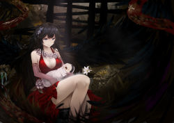 Rule 34 | 1girl, absurdres, baby, black hair, black wings, blue eyes, breasts, closed mouth, dress, elbow gloves, closed eyes, flower, gloves, hair ornament, highres, large breasts, long hair, open mouth, original, pink gloves, poet, red dress, rock, rose, sitting, sleeveless, sleeveless dress, smile, solo, very long hair, white rose, wings