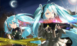 Rule 34 | 2girls, absurdres, ahoge, assault rifle, blue eyes, blue hair, caution tape, clone, gloves, gun, hair between eyes, hatsune miku, highres, icefurs, keep out, long hair, military operator, multiple girls, open mouth, rifle, scope, skirt, twintails, very long hair, vocaloid, weapon