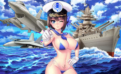 Rule 34 | 1girl, absurdres, aircraft, airplane, artist request, battleship, bikini, blue bikini, blue eyes, breasts, brown hair, character request, cleavage, gloves, hair ribbon, hand on own hip, highres, jet, large breasts, legs, lipstick, makeup, military, military vehicle, navel, ocean, one eye closed, pink lips, pointing, ribbon, ship, smile, solo, stomach tattoo, swimsuit, tattoo, thick thighs, thighs, thong bikini, warship, water, watercraft, wink